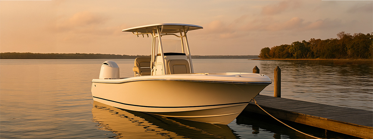 A center console boat staged in a clean, scenic setting that reflects brand lifestyle and tone.