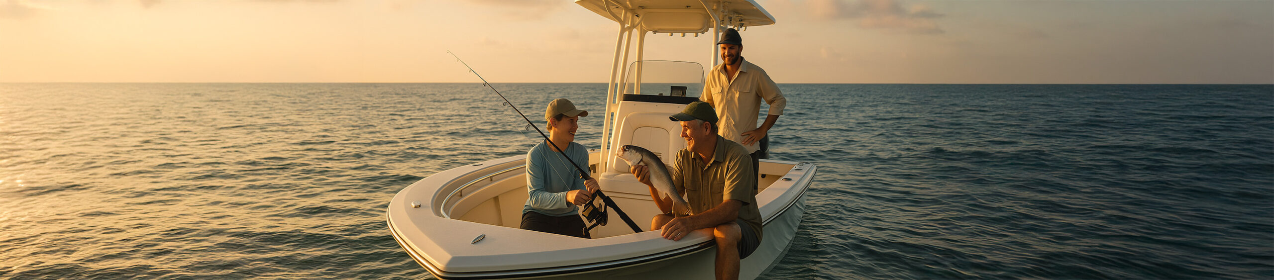 Charter captain and two clients enjoy a golden-hour fishing trip aboard a center console boat in calm offshore waters.