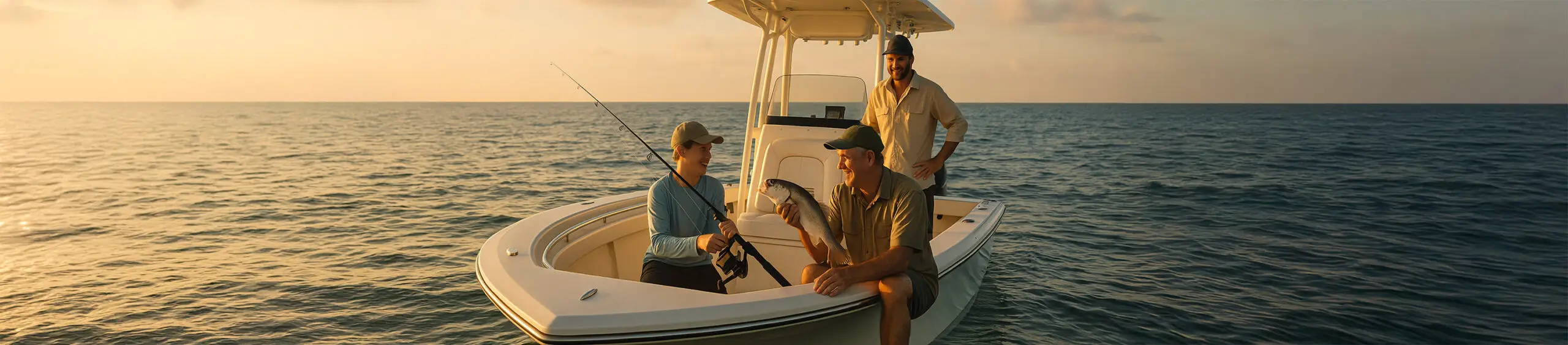 Charter captain and two clients enjoy a golden-hour fishing trip aboard a center console boat in calm offshore waters.