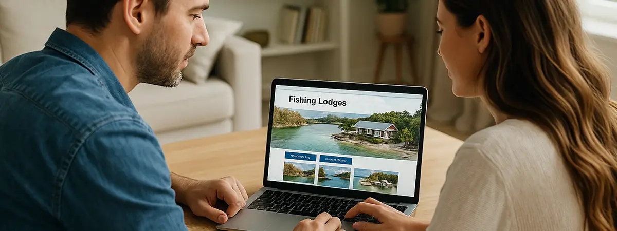 A young couple researching fishing lodges from their home on a laptop