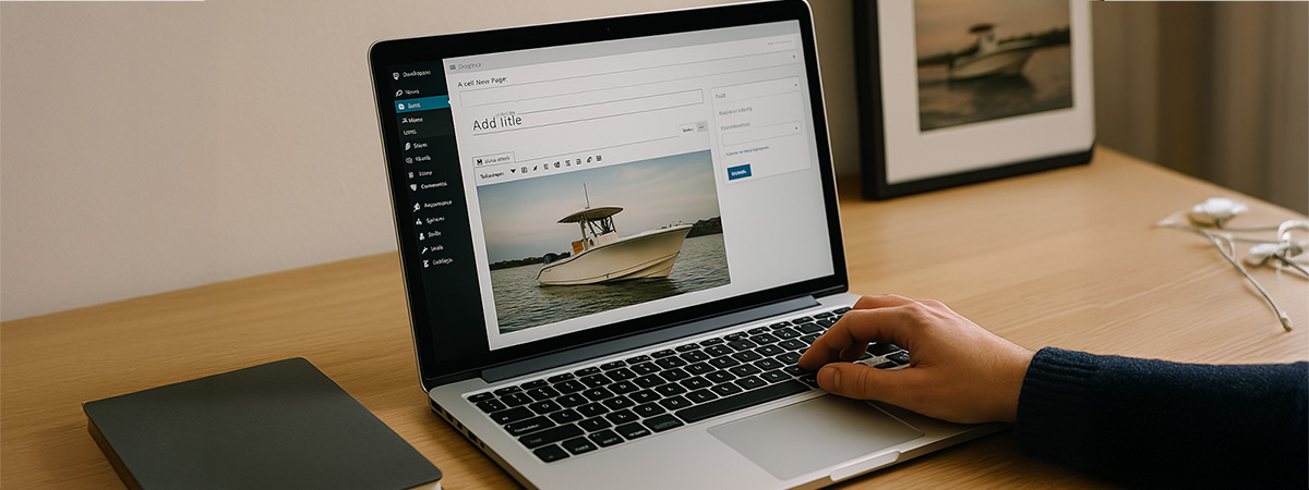 A person updating a marine website on a laptop, adding fresh content in a clean, modern workspace.