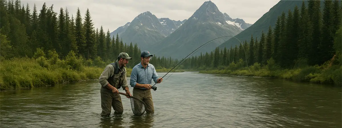 Fishing guide and guest in an Alaskan river surrounded by mountains