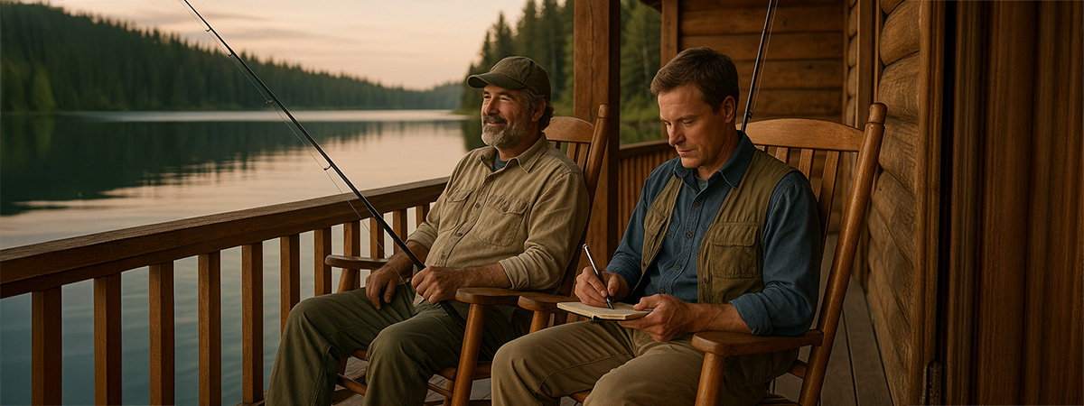 Two fishermen reflect quietly on a lodge porch overlooking a peaceful lake