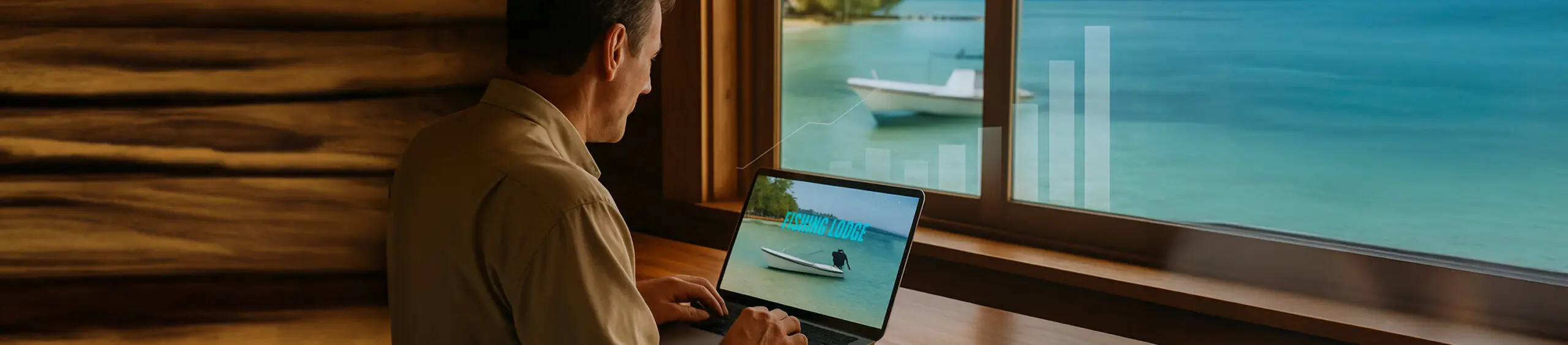 Lodge owner reviewing website performance on a laptop with ocean view and digital data overlay