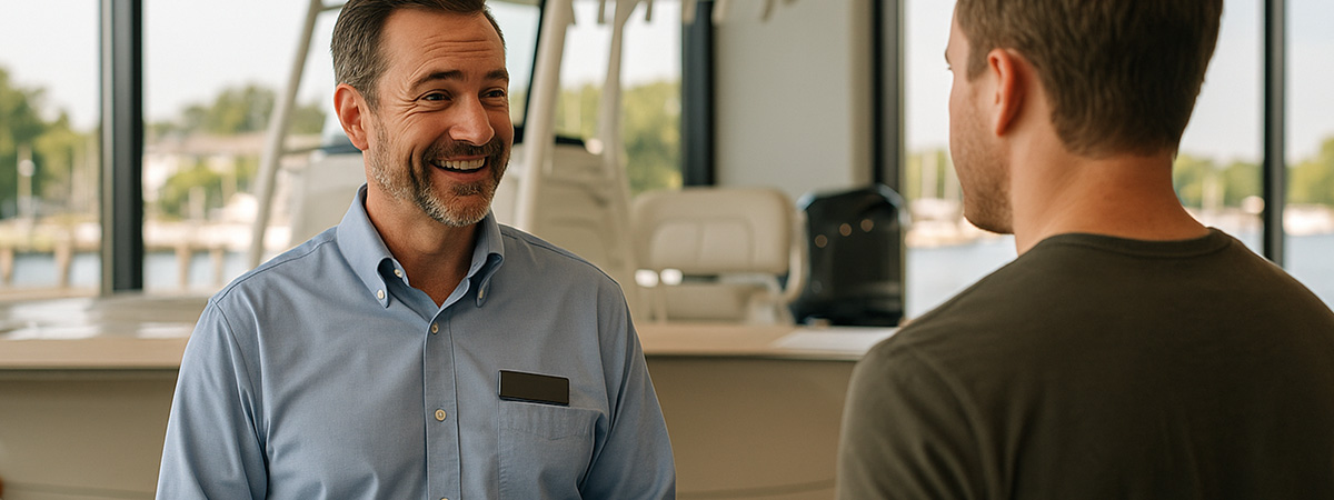 A potential boat buyer reviewing contact options or speaking with a dealer rep in a marina or showroom setting.