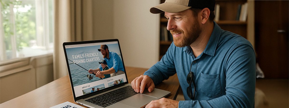 Fishing guide reviewing his website and marketing materials on a laptop indoors