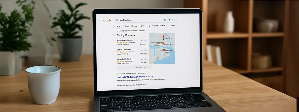 Laptop screen showing Google search results for fishing charters