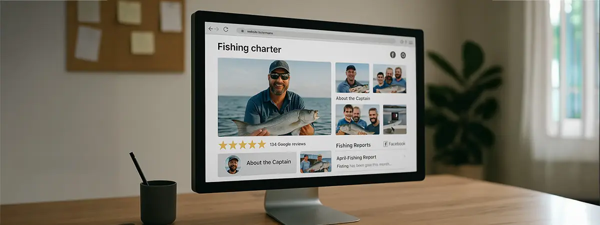 Computer screen displaying a fishing charter’s website and digital presence