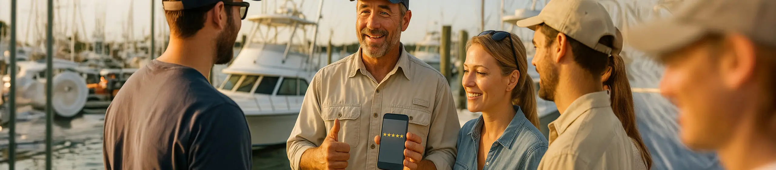 Fishing guide at a marina showing a five-star review to happy clients