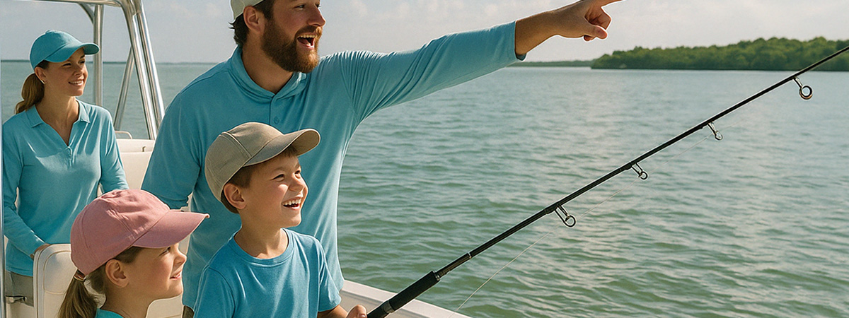 Fishing guide pointing out dolphin to excited family on a charter boat