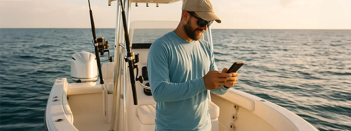 Charter captain stands on the back deck of his fishing boat posting to social media at sunset.