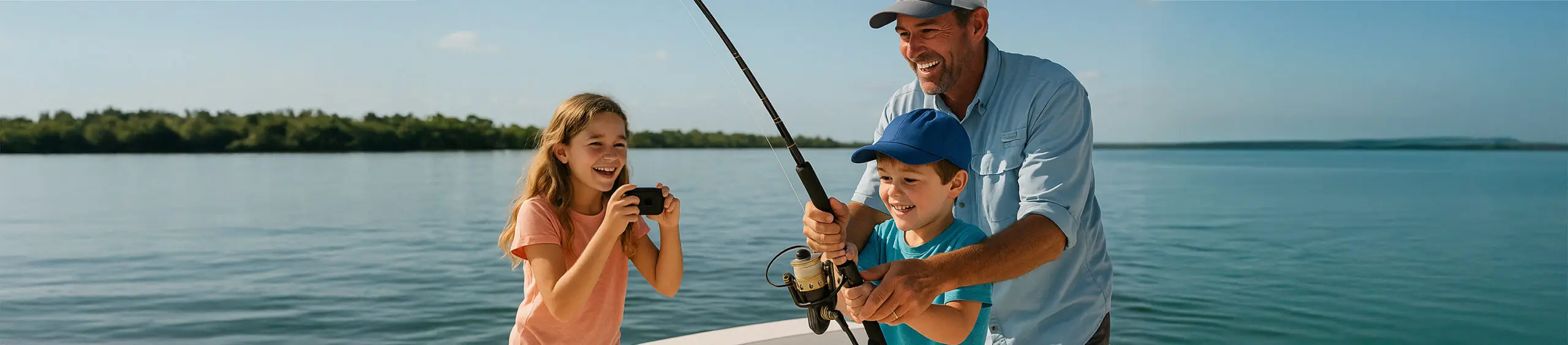 Family-friendly fishing guide helping young child reel in a fish