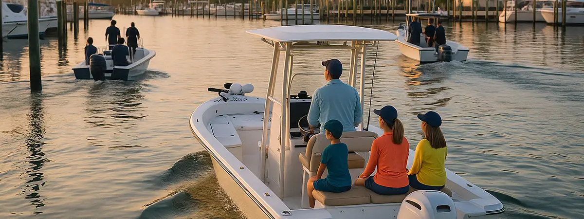 Family charter boat leaving the marina at sunrise alongside other fishing guides and clients