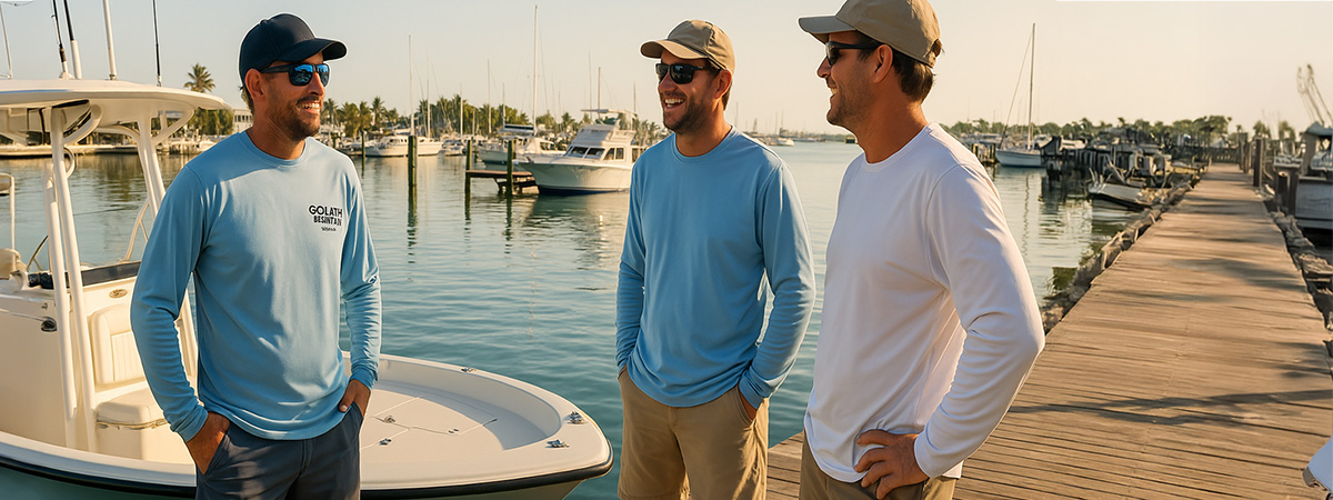 Charter captains talk and relax on the dock near their boats after a morning on the water.