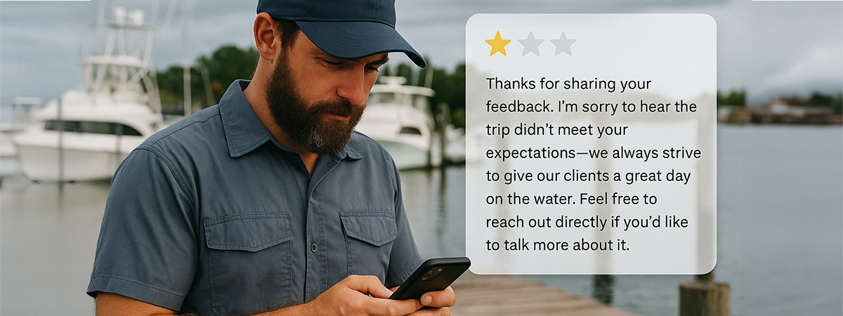 Fishing guide standing on a dock responding to a review on his phone