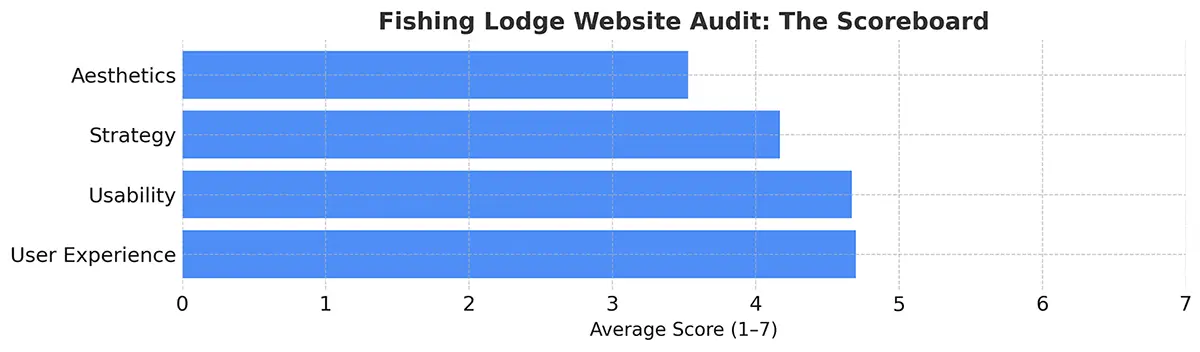 Bar chart showing average scores for strategy, aesthetics, usability, and user experience from 100 audited fishing lodge websites