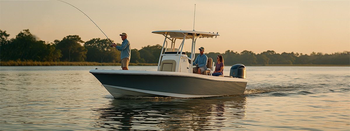A modern center console fishing boat with passengers enjoying real-world use on calm water at sunset.