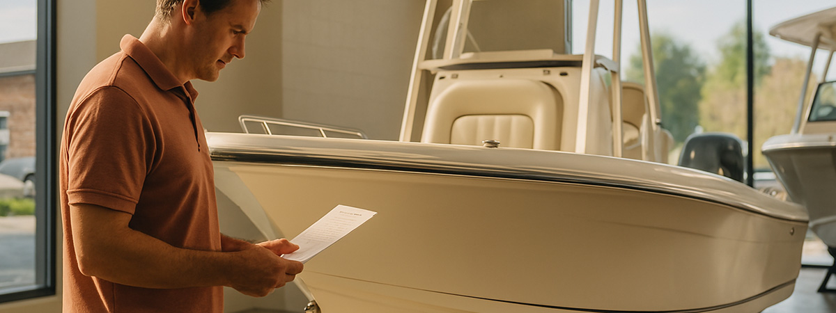 A man reviewing boat specs inside a bright showroom, standing beside a modern center console boat.