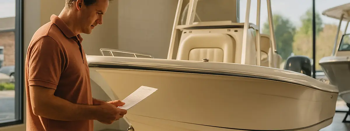 A man reviewing boat specs inside a bright showroom, standing beside a modern center console boat.