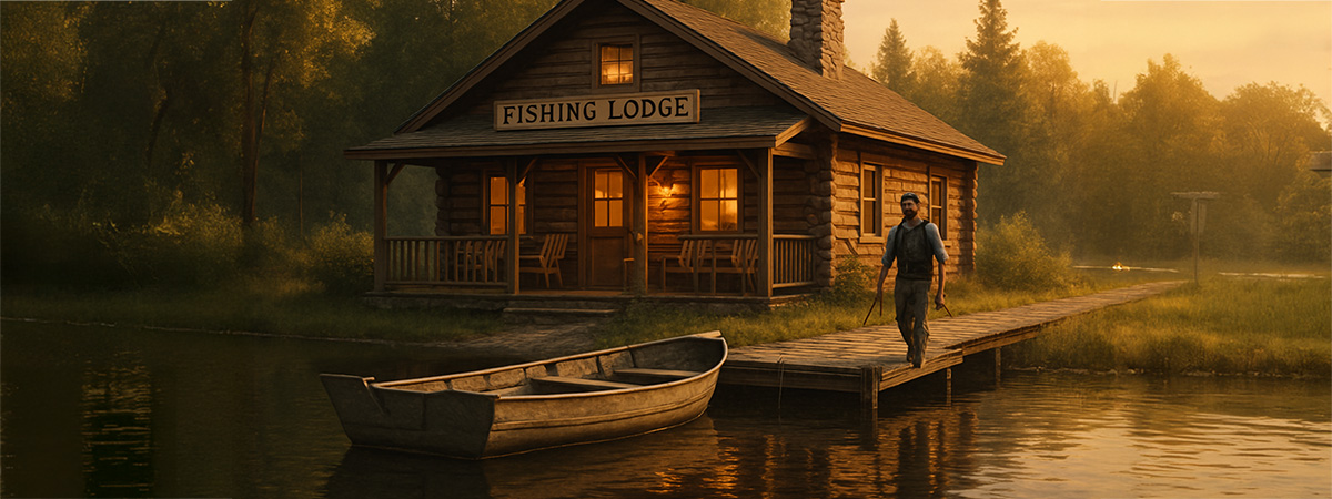 Rustic fishing lodge by a calm lake at golden hour with fisherman approaching
