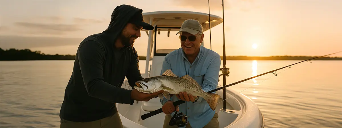 Fishing guide and client celebrate landing a speckled trout at sunset.