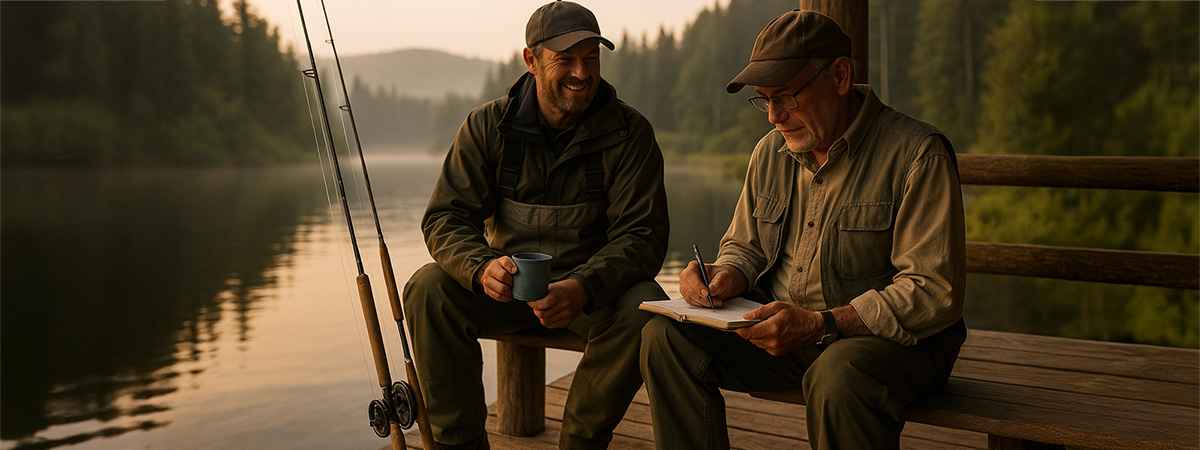 Fishing guide and guest relax on lodge porch overlooking a calm lake
