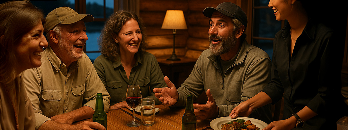 Guests sharing drinks and dinner in a cozy fishing lodge dining room