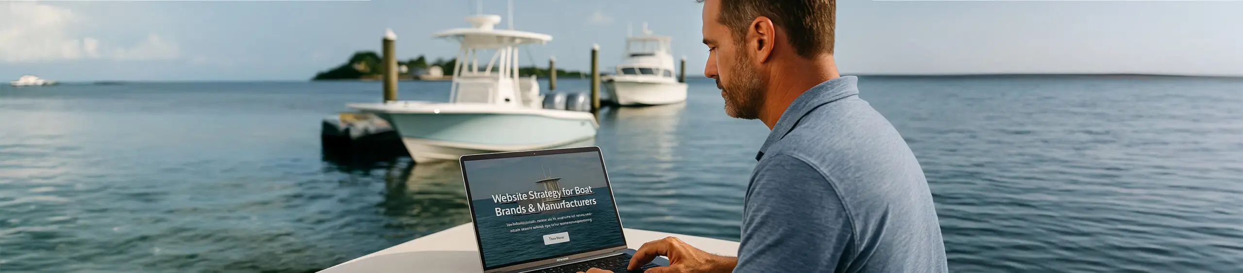 Man using a laptop to manage a boat brand website on a dock with center console boats in the background.