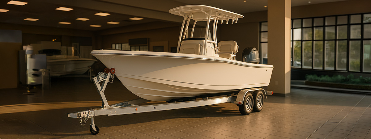 A center console boat on a trailer inside a modern showroom, fully visible and lit with soft, natural light.