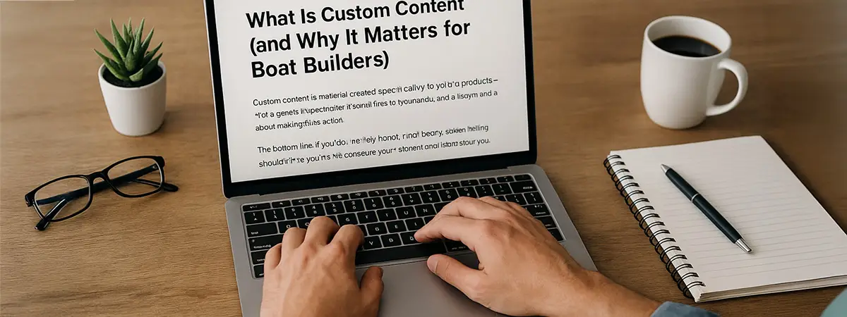 Person typing custom content for boat builders on a laptop at a tidy desk with coffee, notebook, and glasses