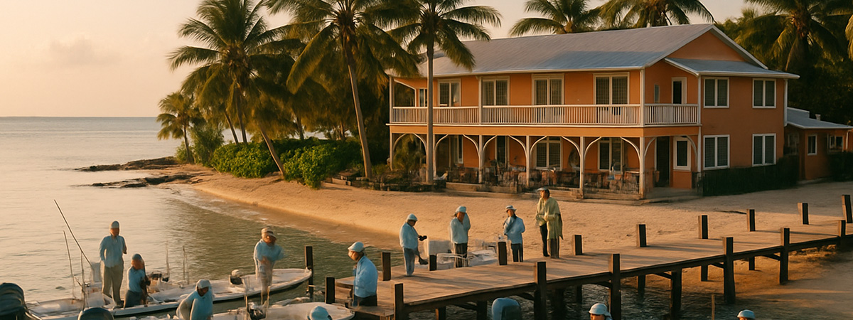 Fishing lodge docks bustling with guides and guests preparing for a day on the water