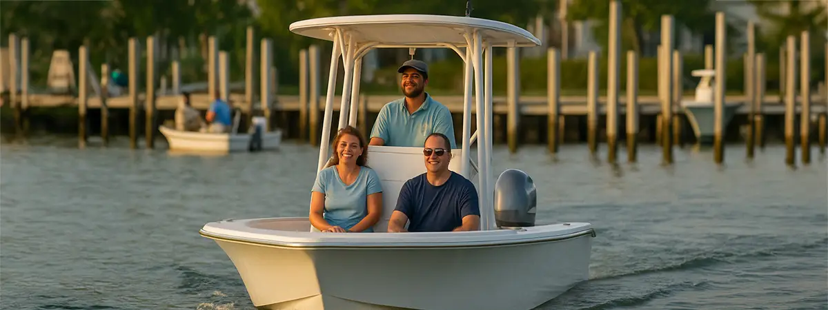 Fishing guide returning to the marina with happy clients at sunset