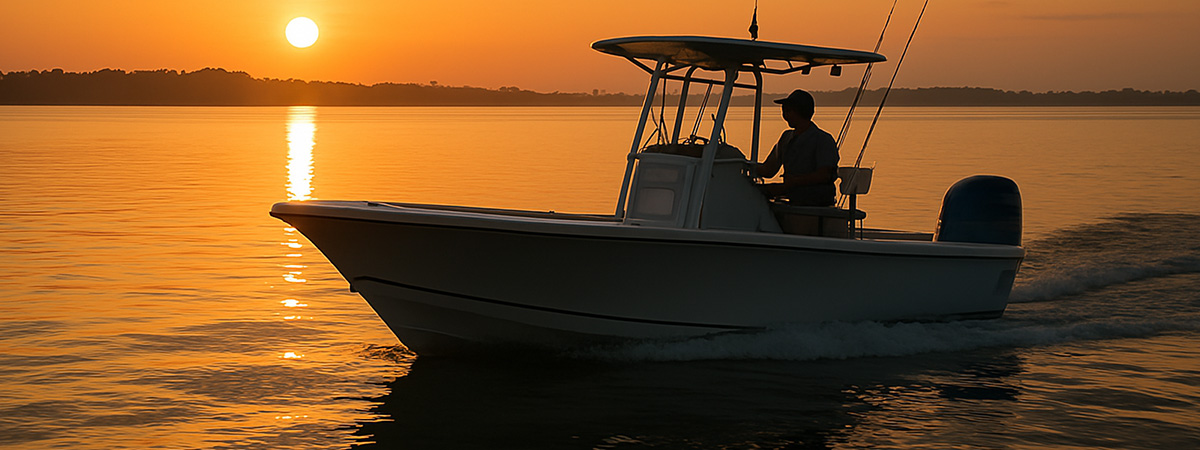 A fishing captain navigates a white boat through calm waters at sunset.