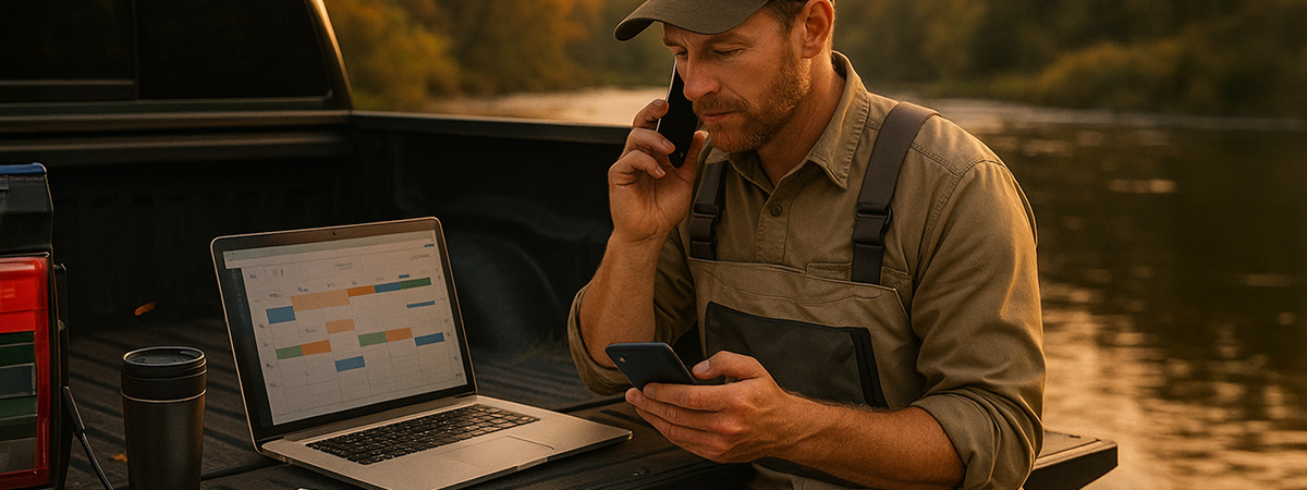 Fly fishing guide sitting on truck tailgate by a river at sunset, calmly managing bookings with a laptop and smartphone, notebook and coffee nearby.