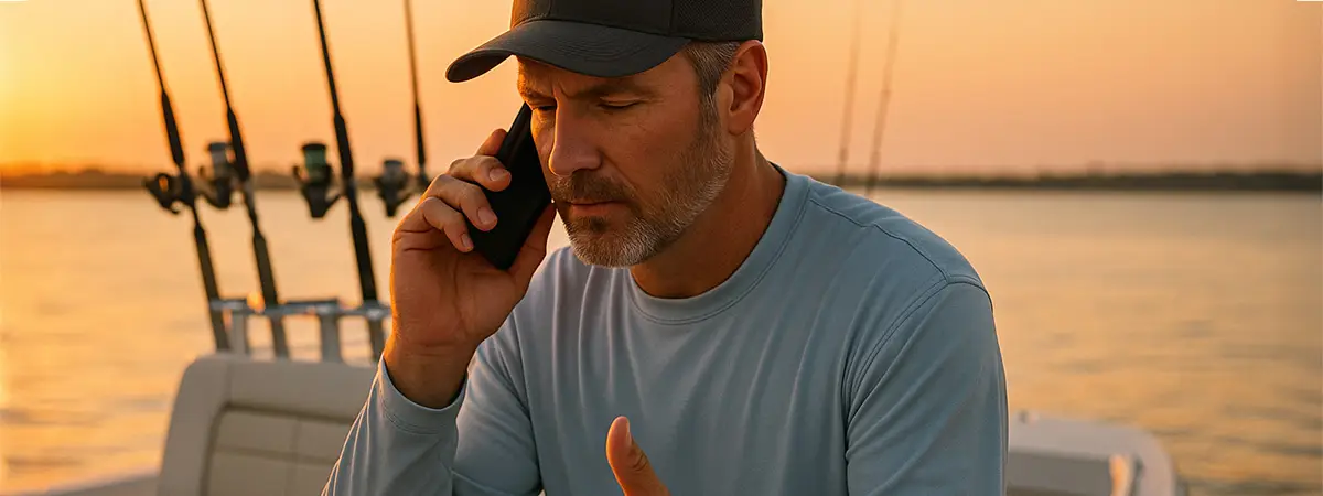 Guide on his boat talking on the phone with a serious expression