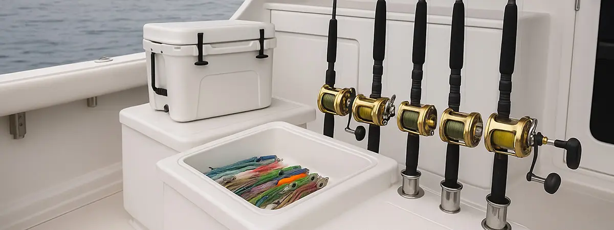 Neatly organized offshore fishing gear and tackle aboard a clean sportfishing boat