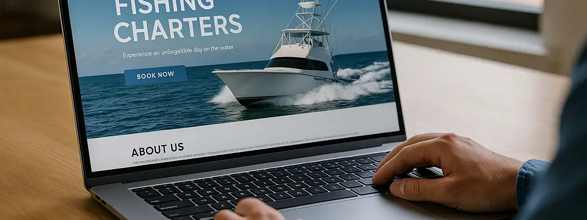 Laptop screen displaying a professional fishing charter website with a booking call-to-action
