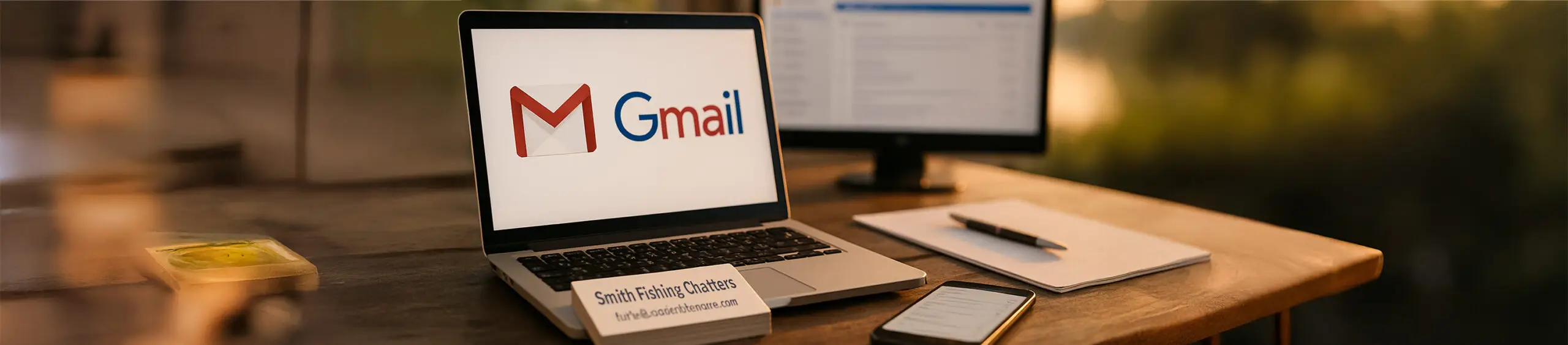 Laptop and smartphone displaying email interfaces on a desk at golden hour, with business cards and a pen nearby in soft natural light.