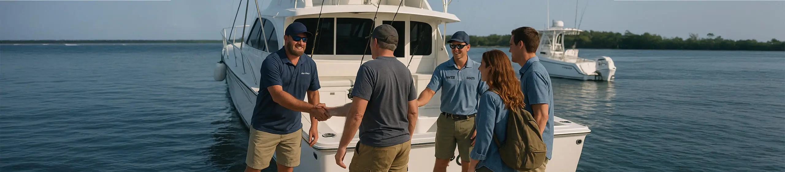 Offshore sportfishing captain and mate welcome guests aboard at the marina