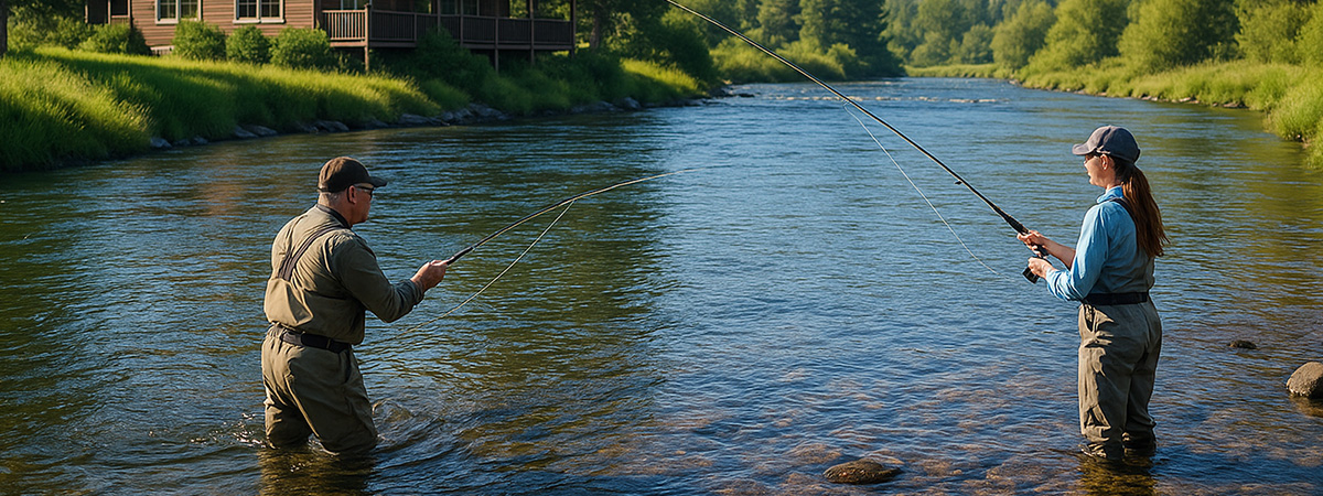 Clear morning fly fishing scene outside a western fishing lodge