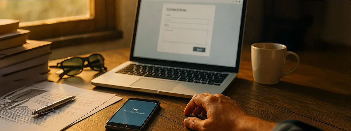 A tidy desk with a laptop showing a business email inbox, stacked business cards with a domain email, a fishing cap, and sunglasses in golden light.