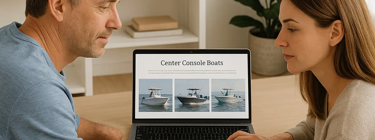 Couple researching center console boats on a website at home