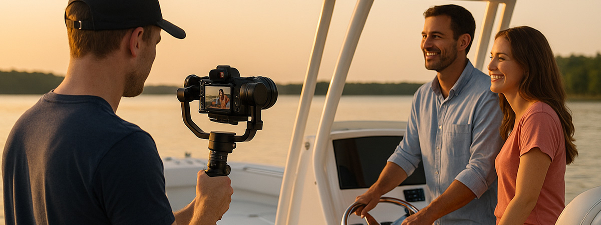 Videographer filming a couple aboard a center console during sunset