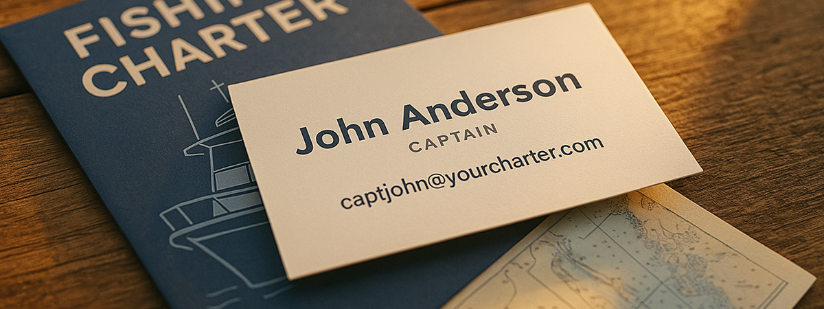 A fishing charter business card with a domain email address placed on top of a brochure and nautical map, illuminated by warm golden-hour light.