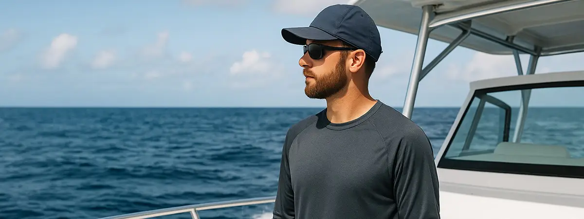 Fishing guide in clean, professional apparel stands aboard a boat looking out over calm offshore waters