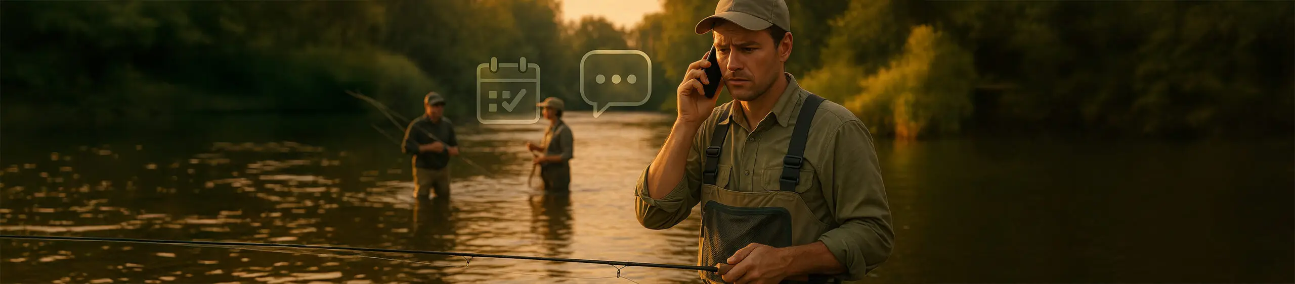 Fly fishing guide wading in a river with two clients at golden hour, taking a phone call, with subtle booking icons overlayed in the scene.