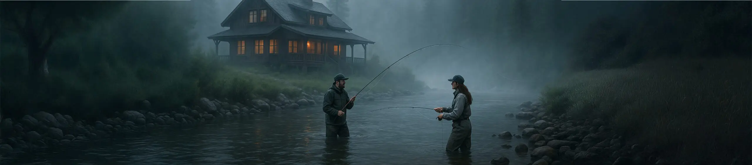 Foggy mountain fishing lodge with anglers fly fishing in front