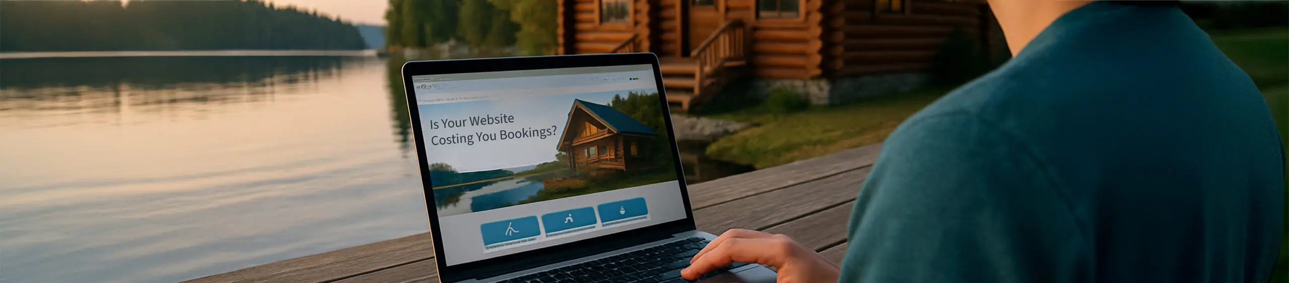 Person browsing a fishing lodge website on a laptop at a rustic table