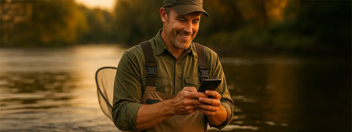 Fly fishing guide standing confidently in a river at golden hour, smiling while texting or typing on his phone to confirm a client booking.