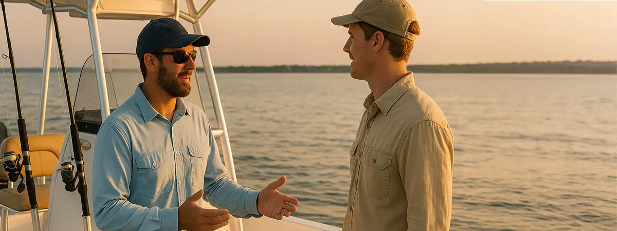 Fishing guide smiling and talking with a client on the boat